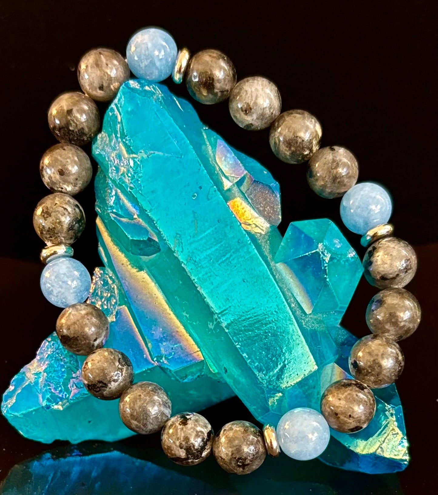 Reiki-Infused Black Labradorite & Aquamarine Bracelet for Protection, Intuition & Peaceful Communication (8mm)