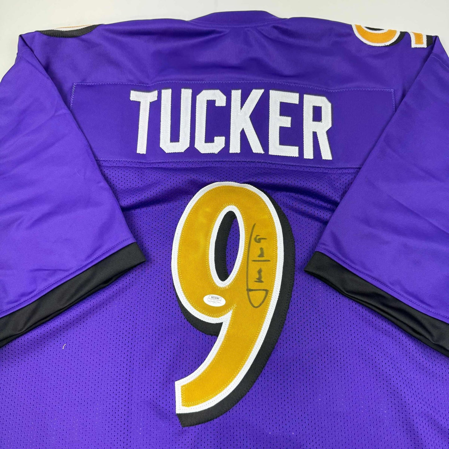 Autographed/Signed Justin Tucker Baltimore Purple Color Rush Football Jersey JSA COA