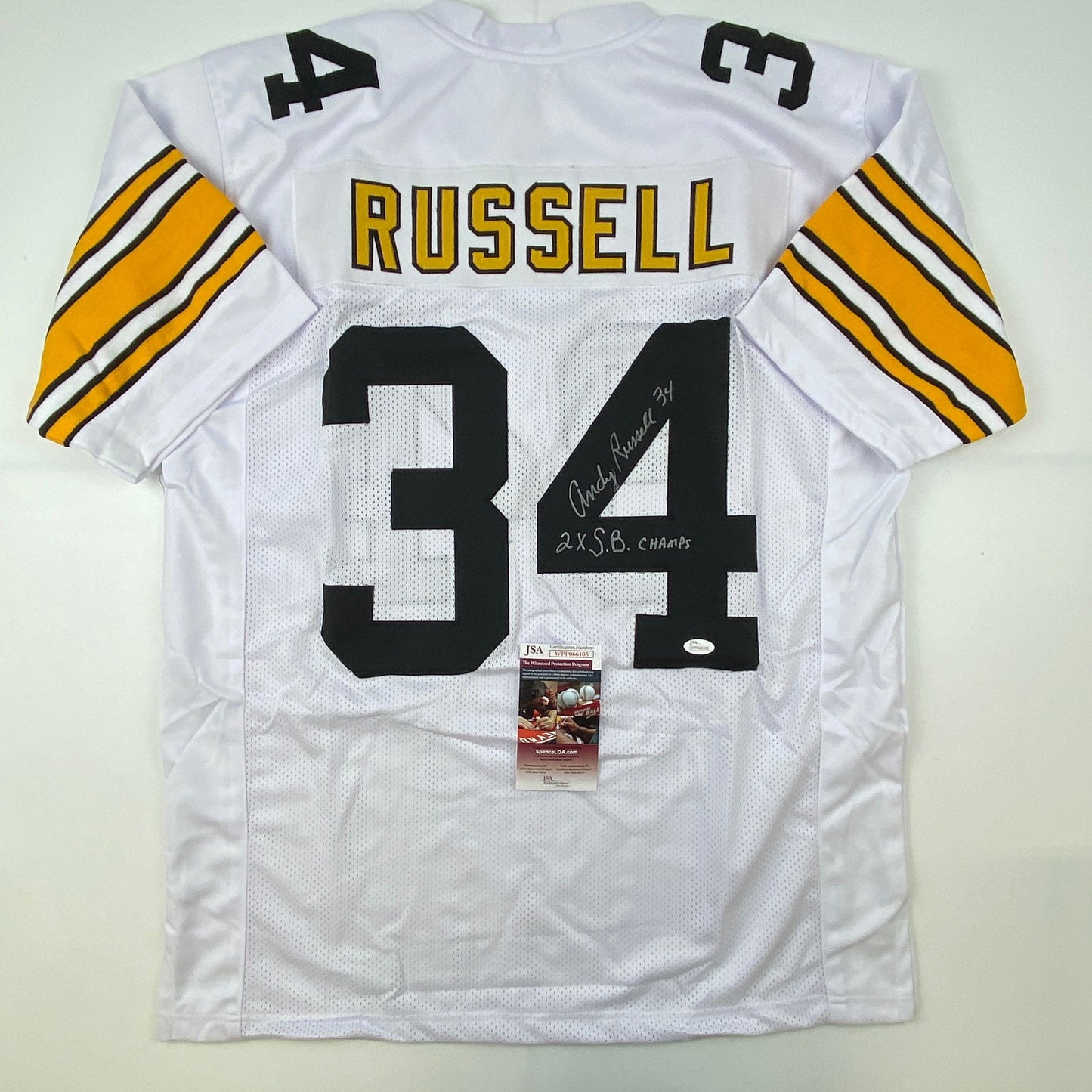 Autographed/Signed Andy Russell 2x SB Champs Pittsburgh White Football Jersey JSA COA