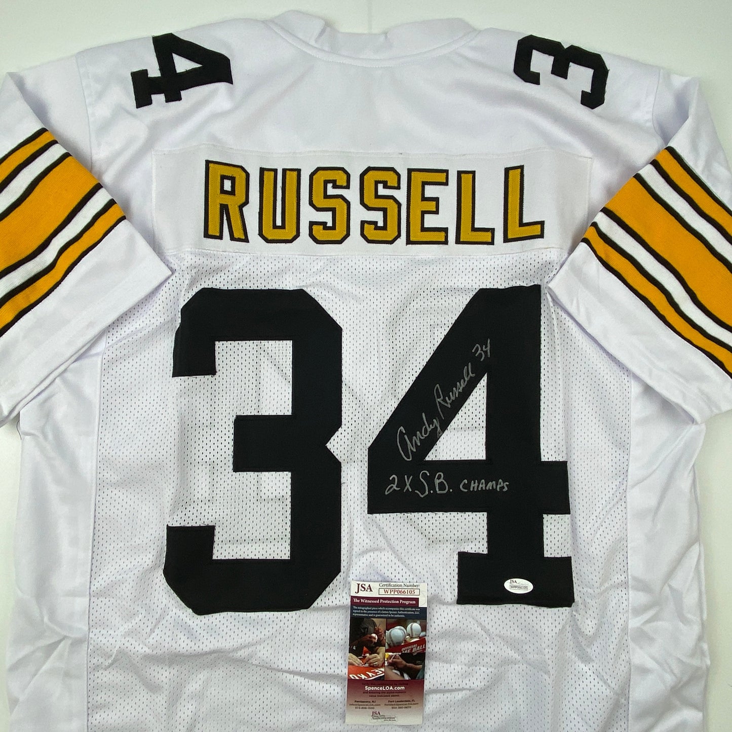 Autographed/Signed Andy Russell 2x SB Champs Pittsburgh White Football Jersey JSA COA