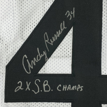 Autographed/Signed Andy Russell 2x SB Champs Pittsburgh White Football Jersey JSA COA