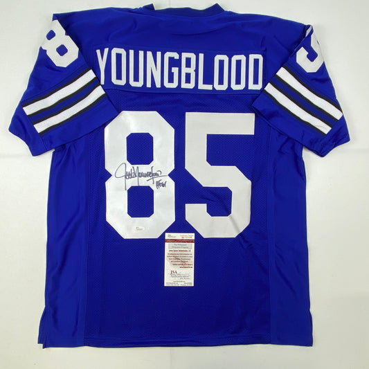 Autographed/Signed Jack Youngblood HOF 01 Los Angeles LA Blue/White Football Jersey JSA COA