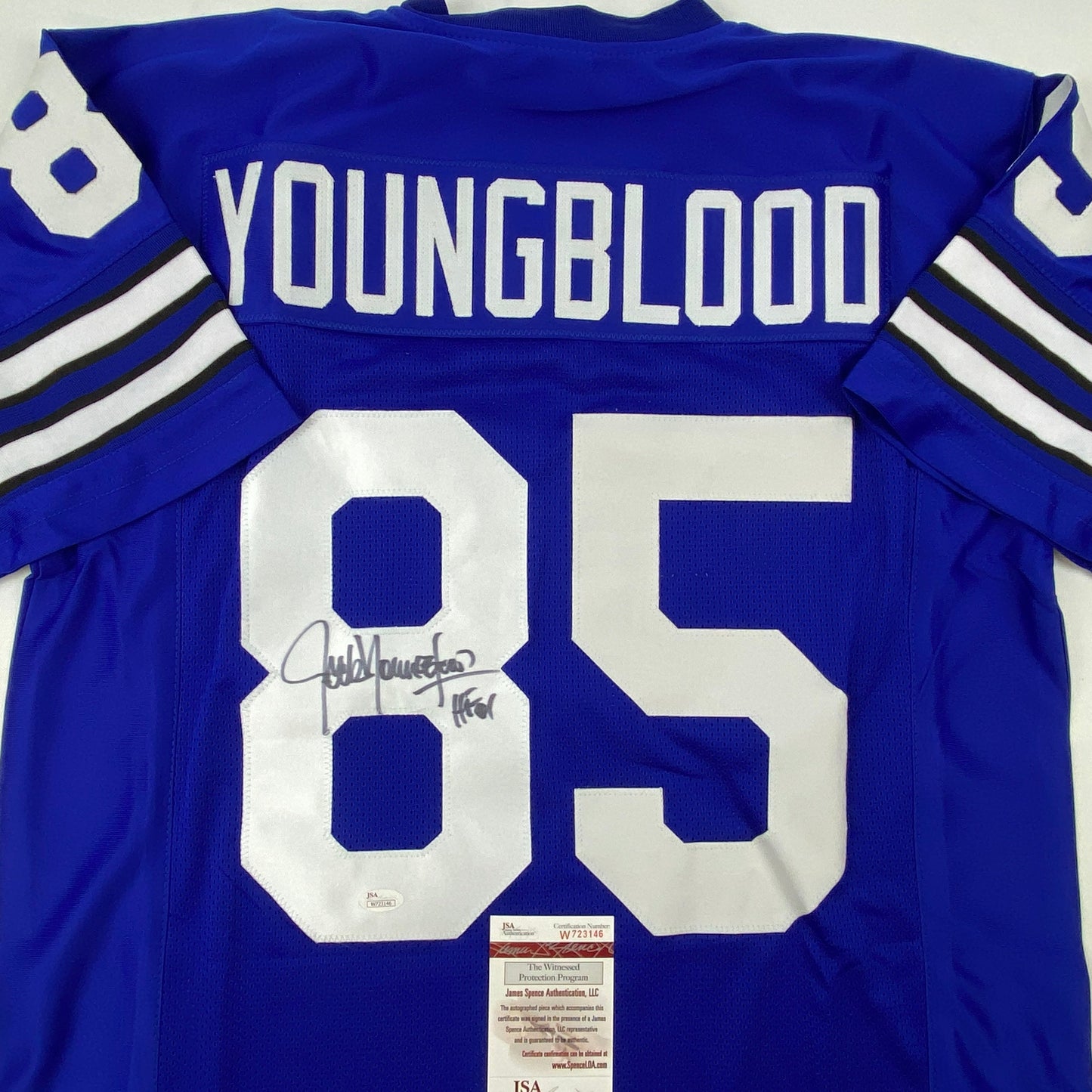 Autographed/Signed Jack Youngblood HOF 01 Los Angeles LA Blue/White Football Jersey JSA COA