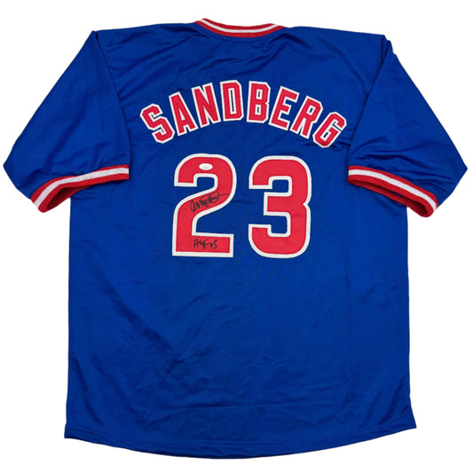 Autographed/Signed Ryne Sandberg HOF 05 Chicago Blue Baseball Jersey JSA COA