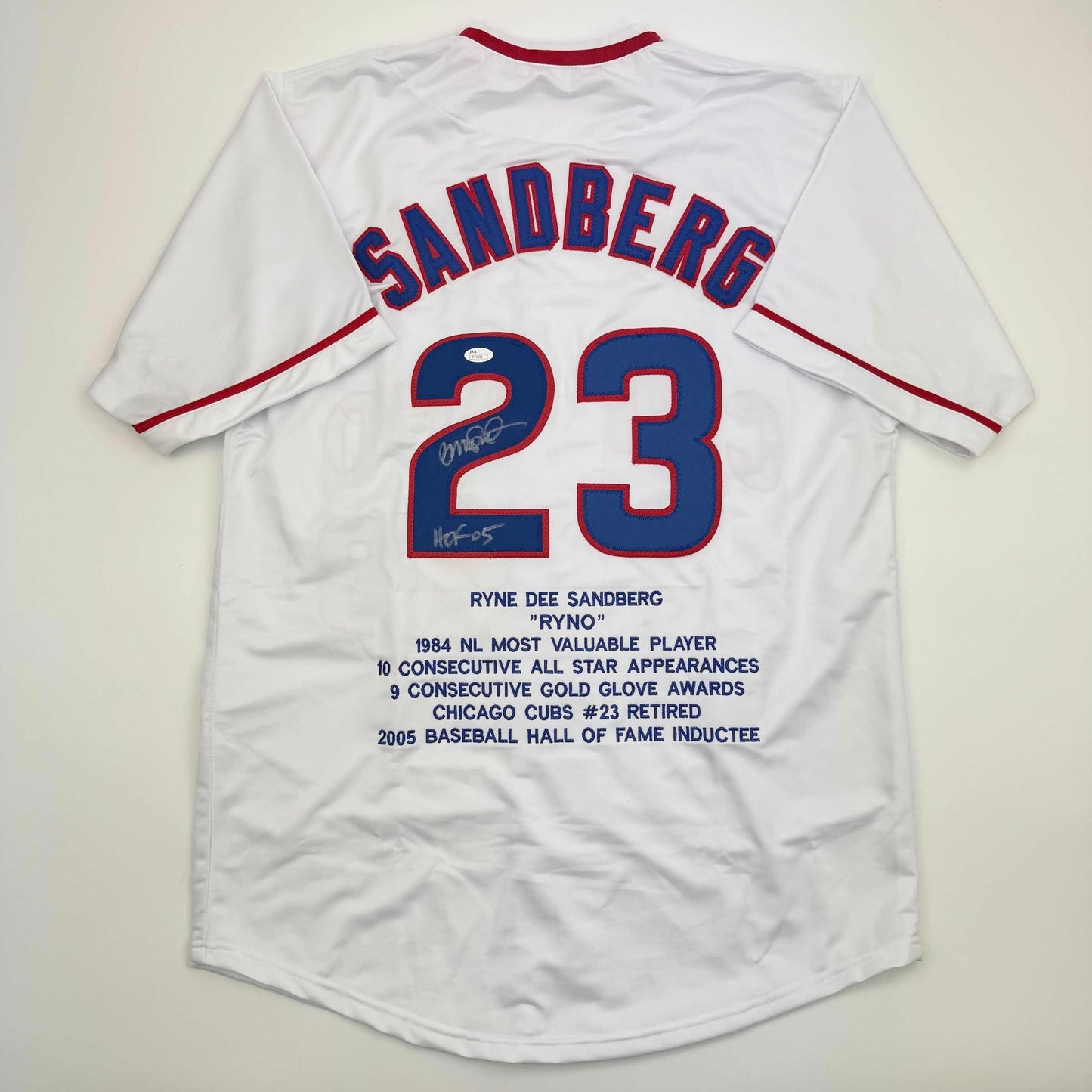 Autographed/Signed Ryne Sandberg HOF 05 Chicago White Pinstripe Stat Baseball Jersey JSA COA