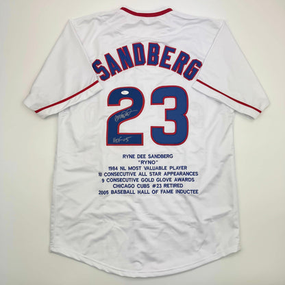 Autographed/Signed Ryne Sandberg HOF 05 Chicago White Pinstripe Stat Baseball Jersey JSA COA