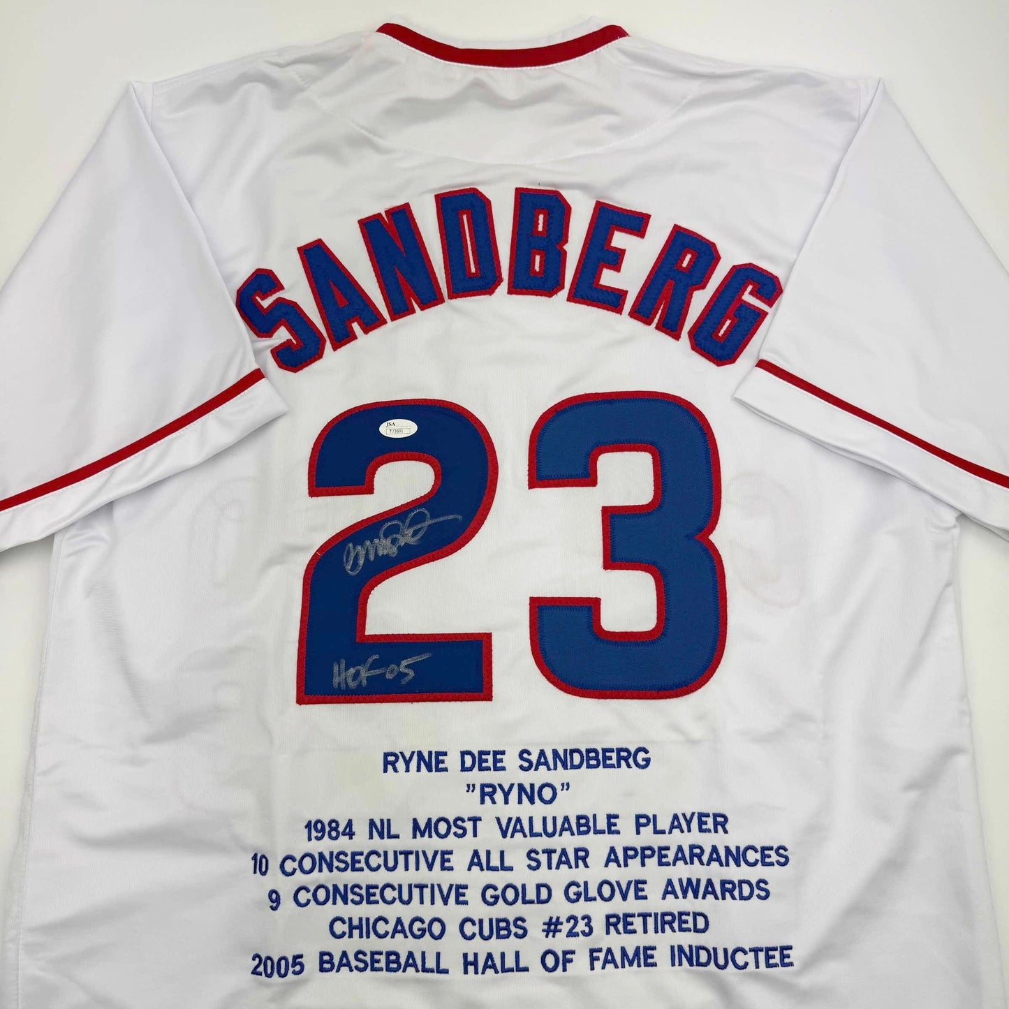 Autographed/Signed Ryne Sandberg HOF 05 Chicago White Pinstripe Stat Baseball Jersey JSA COA
