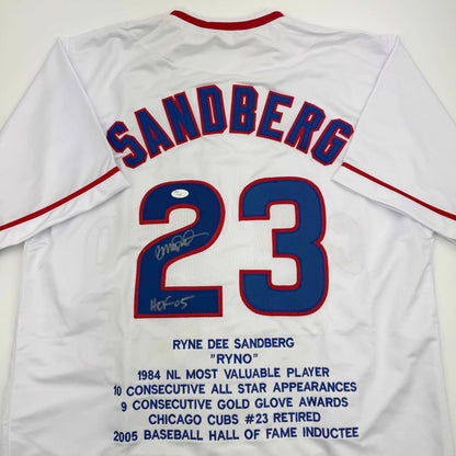 Autographed/Signed Ryne Sandberg HOF 05 Chicago White Pinstripe Stat Baseball Jersey JSA COA