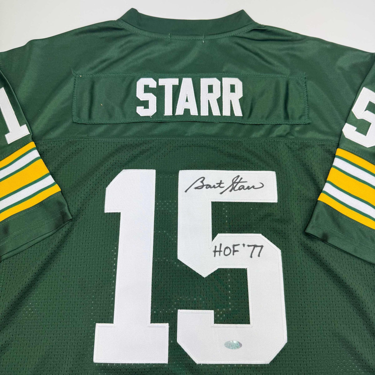 Autographed/Signed Bart Starr "HOF 77" Green Bay Green Football Jersey Steiner COA