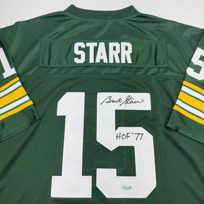 Autographed/Signed Bart Starr "HOF 77" Green Bay Green Football Jersey Steiner COA