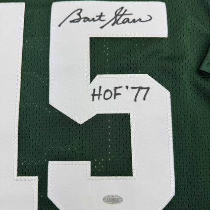 Autographed/Signed Bart Starr "HOF 77" Green Bay Green Football Jersey Steiner COA