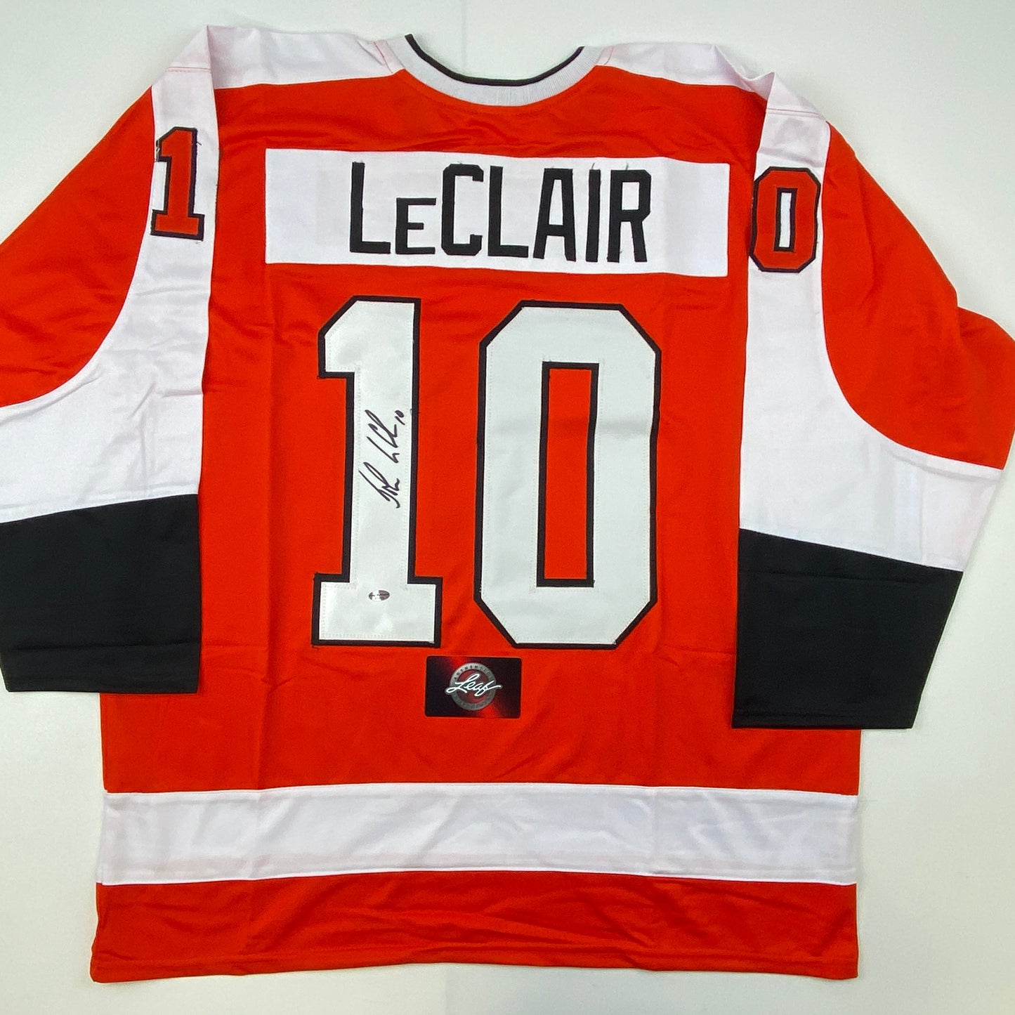 Autographed/Signed John LeClair Philadelphia Orange Hockey Jersey Leaf Authentics COA