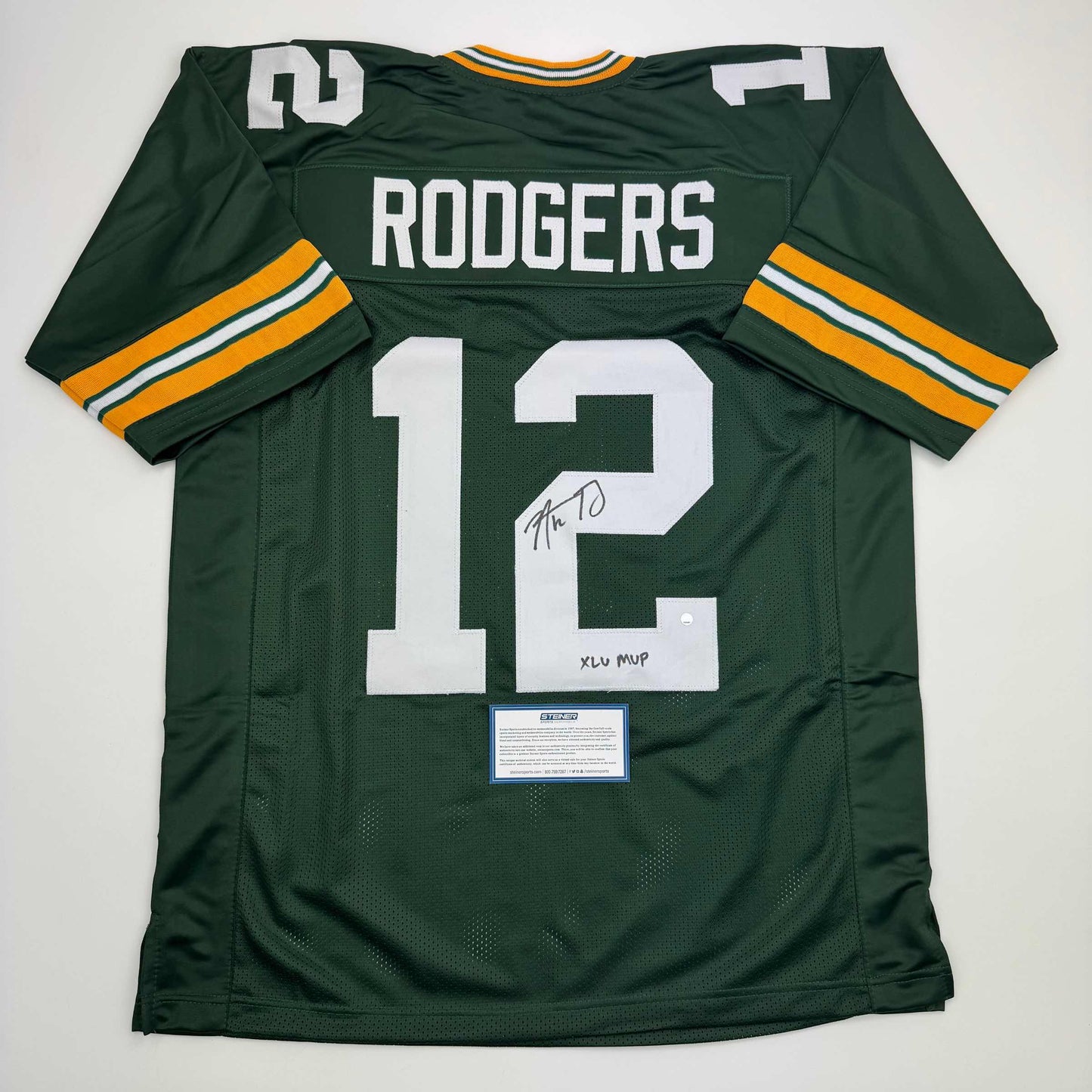 Autographed/Signed Aaron Rodgers "XLV MVP" Green Bay Green Football Jersey Steiner COA