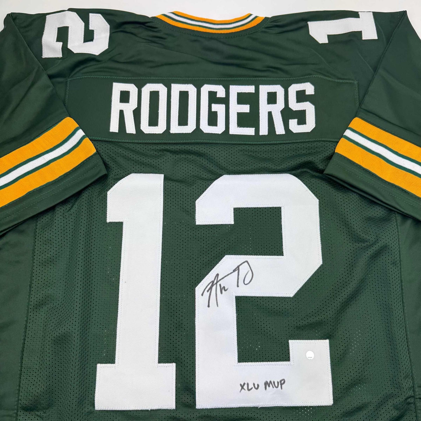 Autographed/Signed Aaron Rodgers "XLV MVP" Green Bay Green Football Jersey Steiner COA