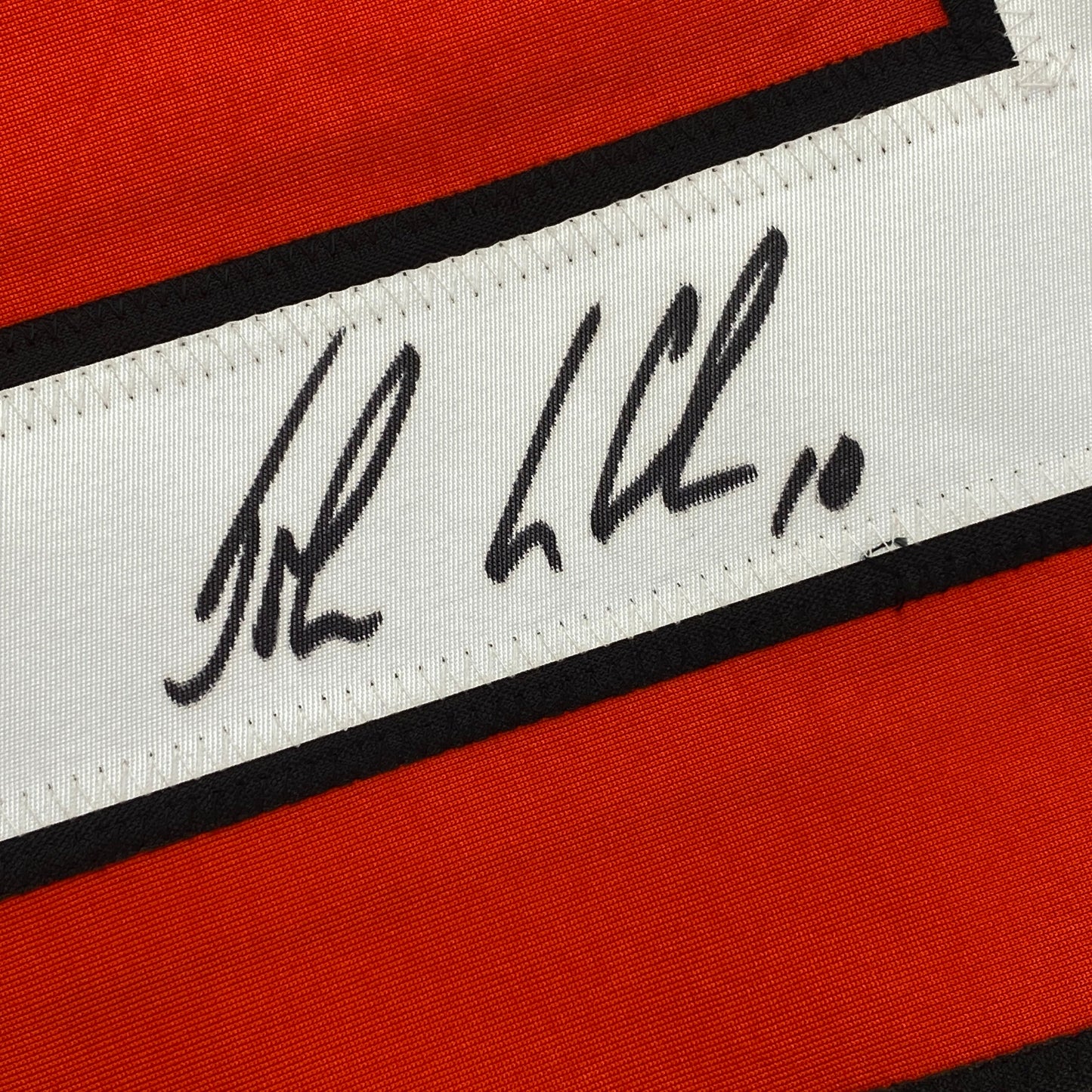 Autographed/Signed John LeClair Philadelphia Orange Hockey Jersey Leaf Authentics COA