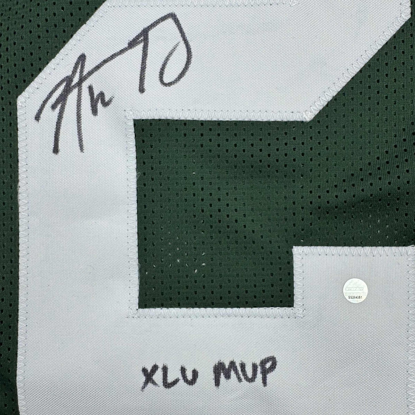 Autographed/Signed Aaron Rodgers "XLV MVP" Green Bay Green Football Jersey Steiner COA