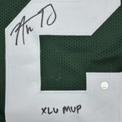 Autographed/Signed Aaron Rodgers "XLV MVP" Green Bay Green Football Jersey Steiner COA