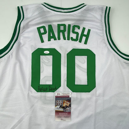 Autographed/Signed Robert Parish Boston White Basketball Jersey JSA COA