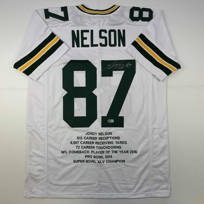 Autographed/Signed Jordy Nelson Green Bay White Stat Football Jersey Beckett BAS COA