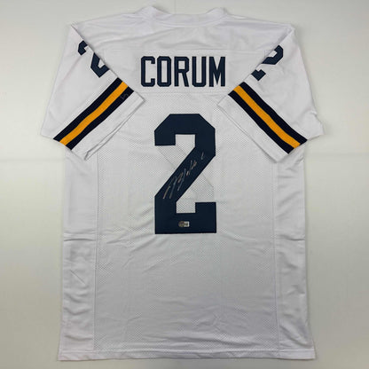 Autographed/Signed Blake Corum Michigan White College Football Jersey Beckett BAS COA