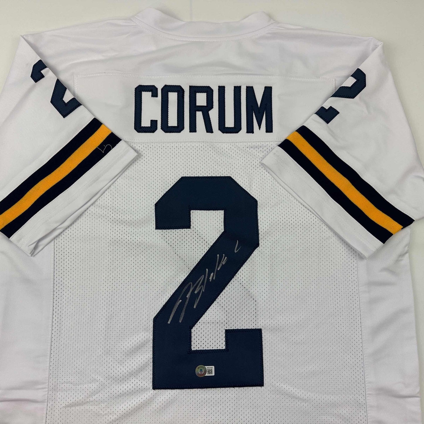 Autographed/Signed Blake Corum Michigan White College Football Jersey Beckett BAS COA