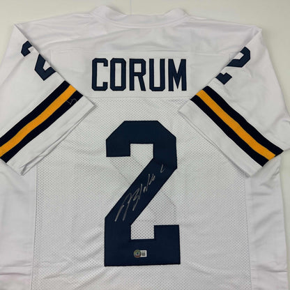 Autographed/Signed Blake Corum Michigan White College Football Jersey Beckett BAS COA