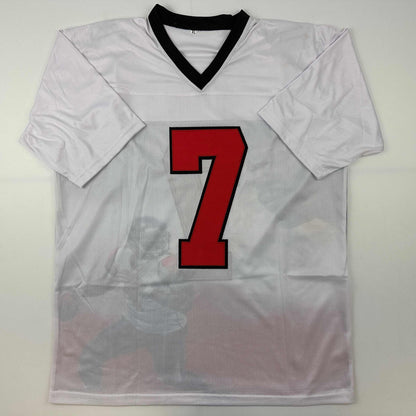 Autographed/Signed Michael Mike Vick Atlanta White Photo Artwork Football Jersey JSA COA