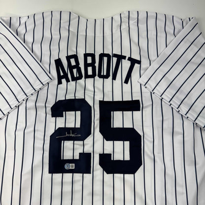 Autographed/Signed Jim Abbott New York White Pinstripe Baseball Jersey Beckett BAS Holo