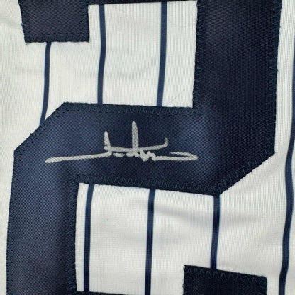 Autographed/Signed Jim Abbott New York White Pinstripe Baseball Jersey Beckett BAS Holo