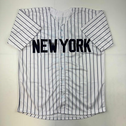 Autographed/Signed Jim Abbott New York White Pinstripe Baseball Jersey Beckett BAS Holo