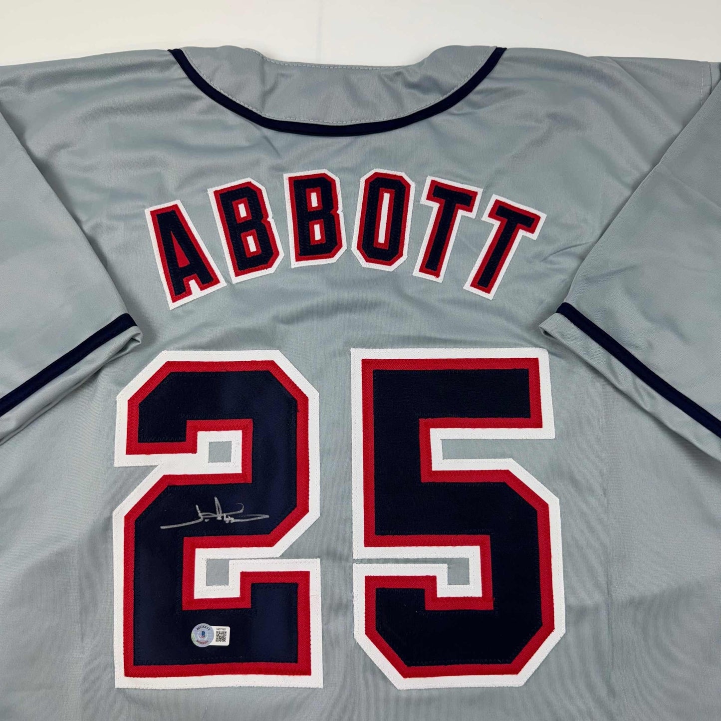 Autographed/Signed Jim Abbott California Grey Baseball Jersey Beckett BAS Holo