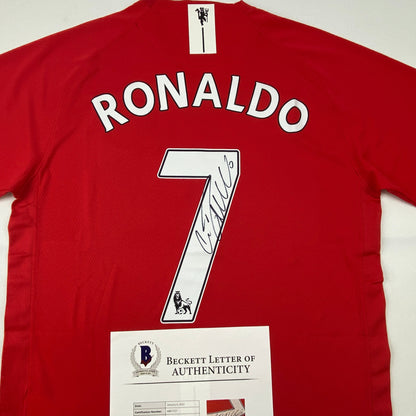 Autographed/Signed Cristiano Ronaldo Manchester United Red 2008 Soccer Jersey Beckett BAS COA/LOA