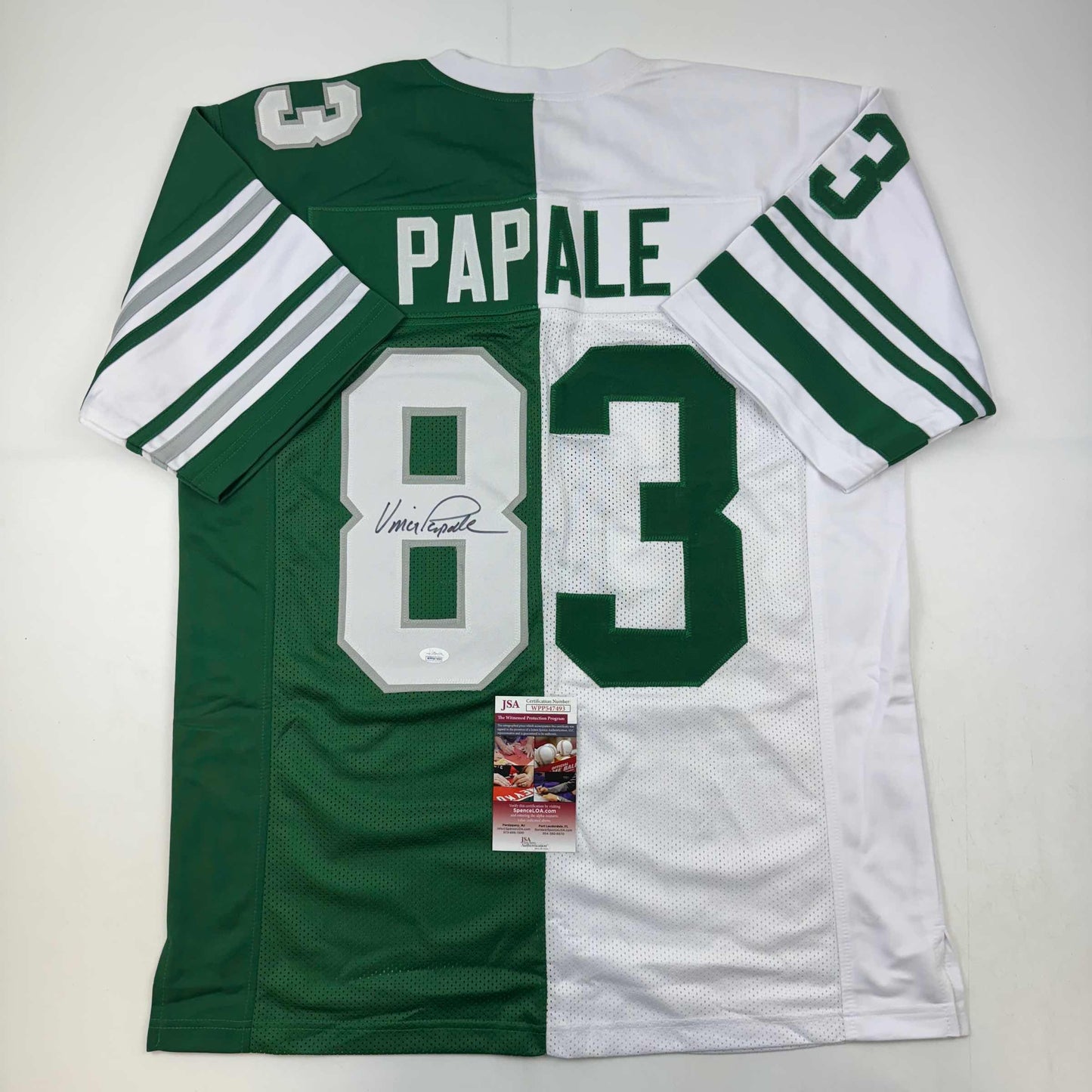 Autographed/Signed Vince Papale Philadelphia Green and White Split Football Jersey JSA COA
