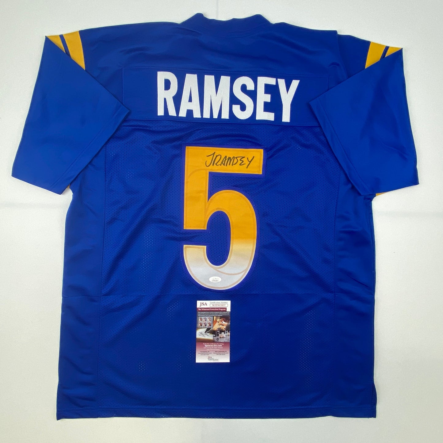 Autographed/Signed Jalen Ramsey Los Angeles LA Blue Football Jersey JSA COA