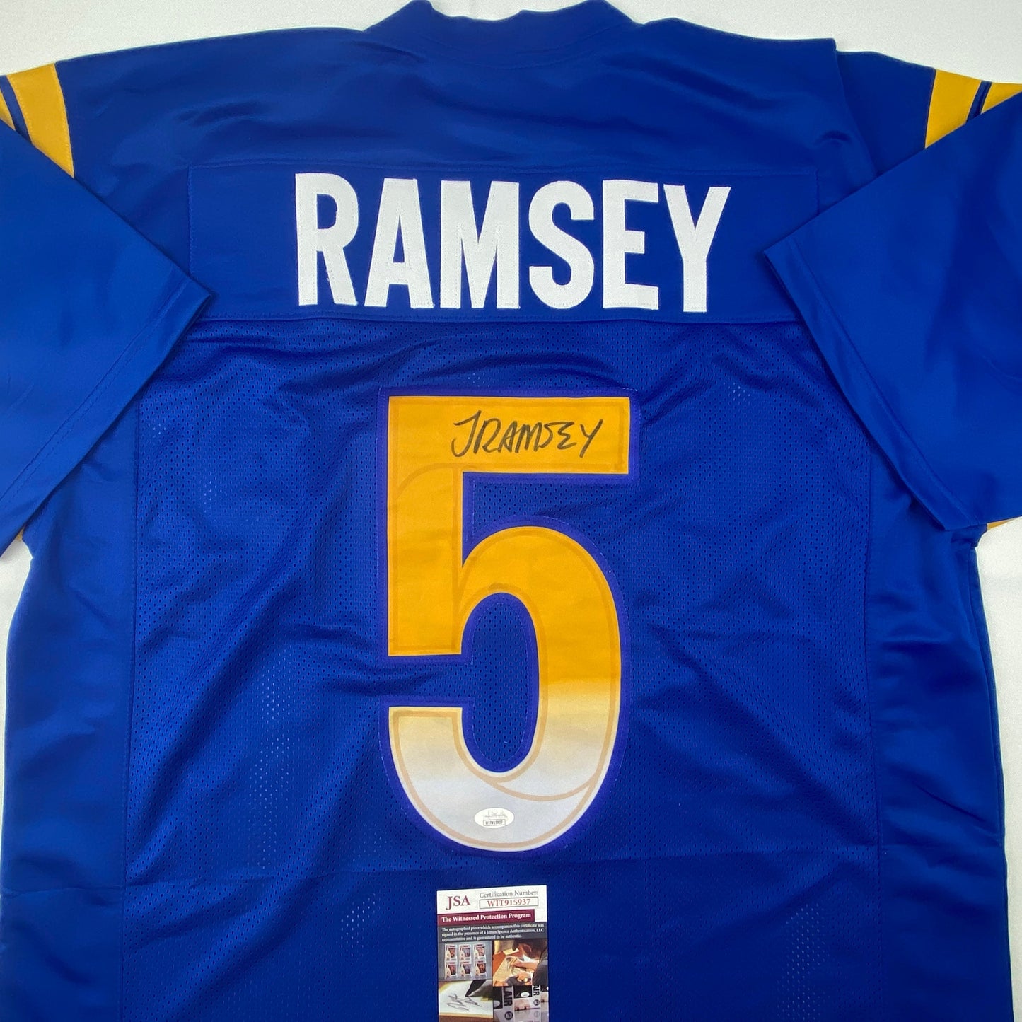 Autographed/Signed Jalen Ramsey Los Angeles LA Blue Football Jersey JSA COA