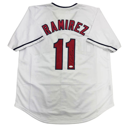 Autographed/Signed Jose Ramirez Cleveland White Baseball Jersey JSA COA