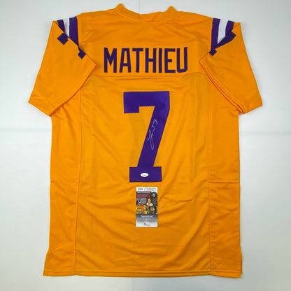 Autographed/Signed Tyrann Mathieu LSU Yellow College Football Jersey JSA COA