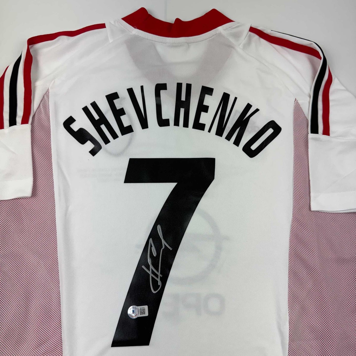 Autographed/Signed Andriy Shevchenko AC Milan White Soccer Futbol Jersey Beckett BAS COA