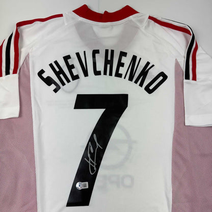 Autographed/Signed Andriy Shevchenko AC Milan White Soccer Futbol Jersey Beckett BAS COA