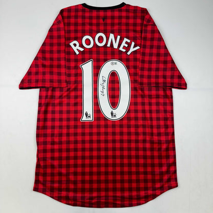 Autographed/Signed Wayne Rooney Manchester United Red Checkered Soccer Jersey Beckett BAS COA