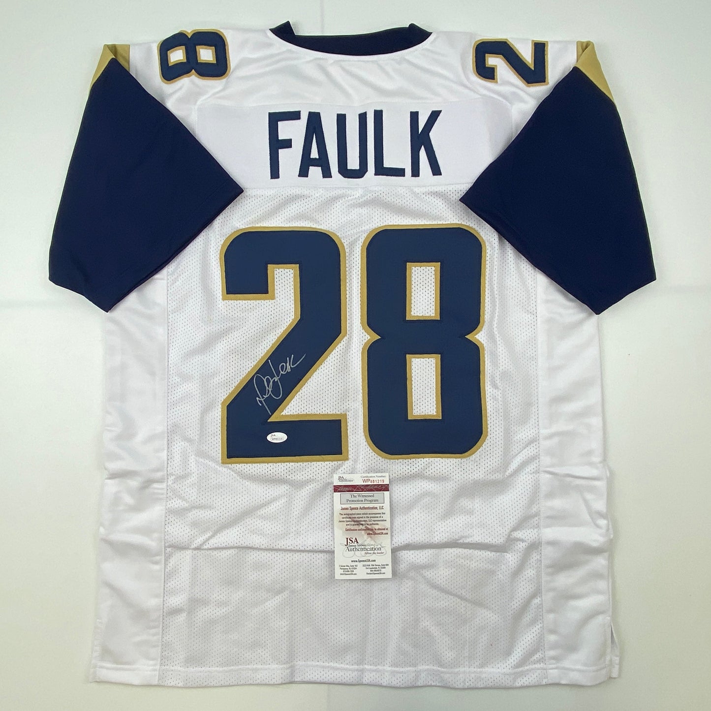 Autographed/Signed Marshall Faulk St. Louis White Football Jersey JSA COA