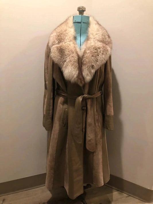 Vintage 70s Tannery Row Suede and Leather Belted Jacket with Fur Collar