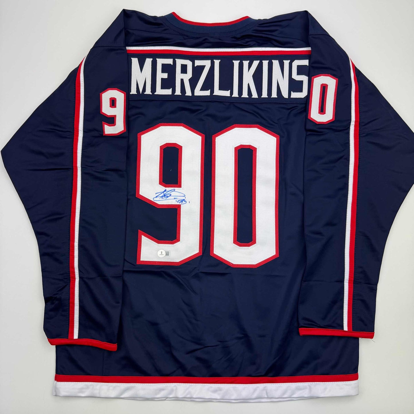 Autographed/Signed Elvis Merzlikins Columbus Blue Hockey Jersey Beckett BAS COA
