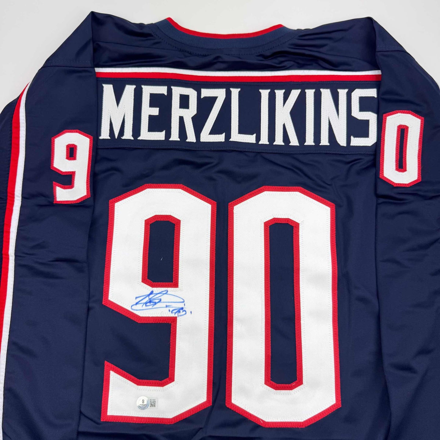Autographed/Signed Elvis Merzlikins Columbus Blue Hockey Jersey Beckett BAS COA