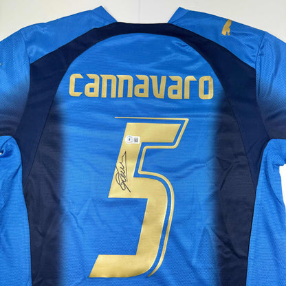 Autographed/Signed Fabio Cannavaro Italy Blue Soccer Futbol Jersey Beckett BAS COA