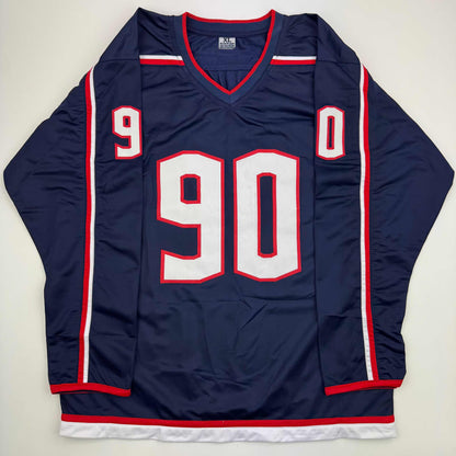 Autographed/Signed Elvis Merzlikins Columbus Blue Hockey Jersey Beckett BAS COA