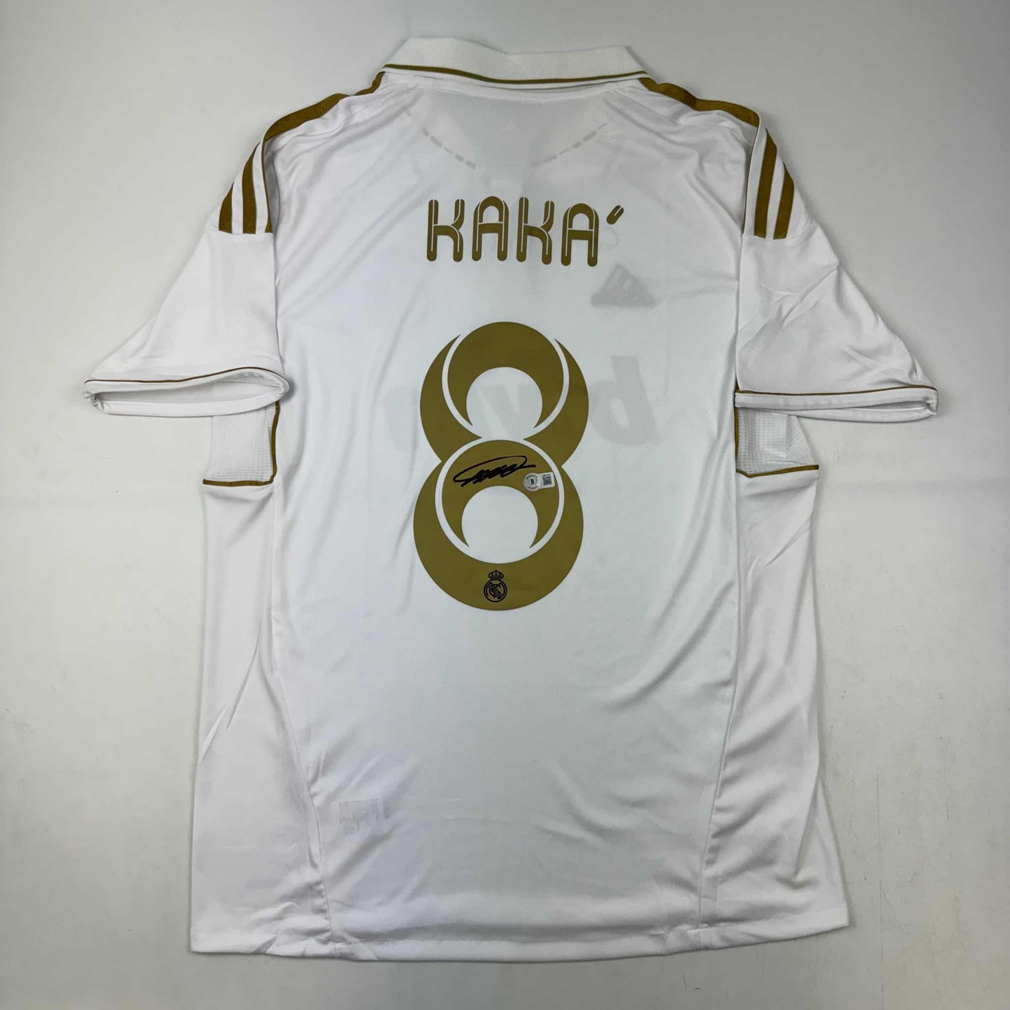 Autographed/Signed Ricardo Kaka Real Madrid White/Gold Retro Soccer Futbol Jersey Beckett BAS COA