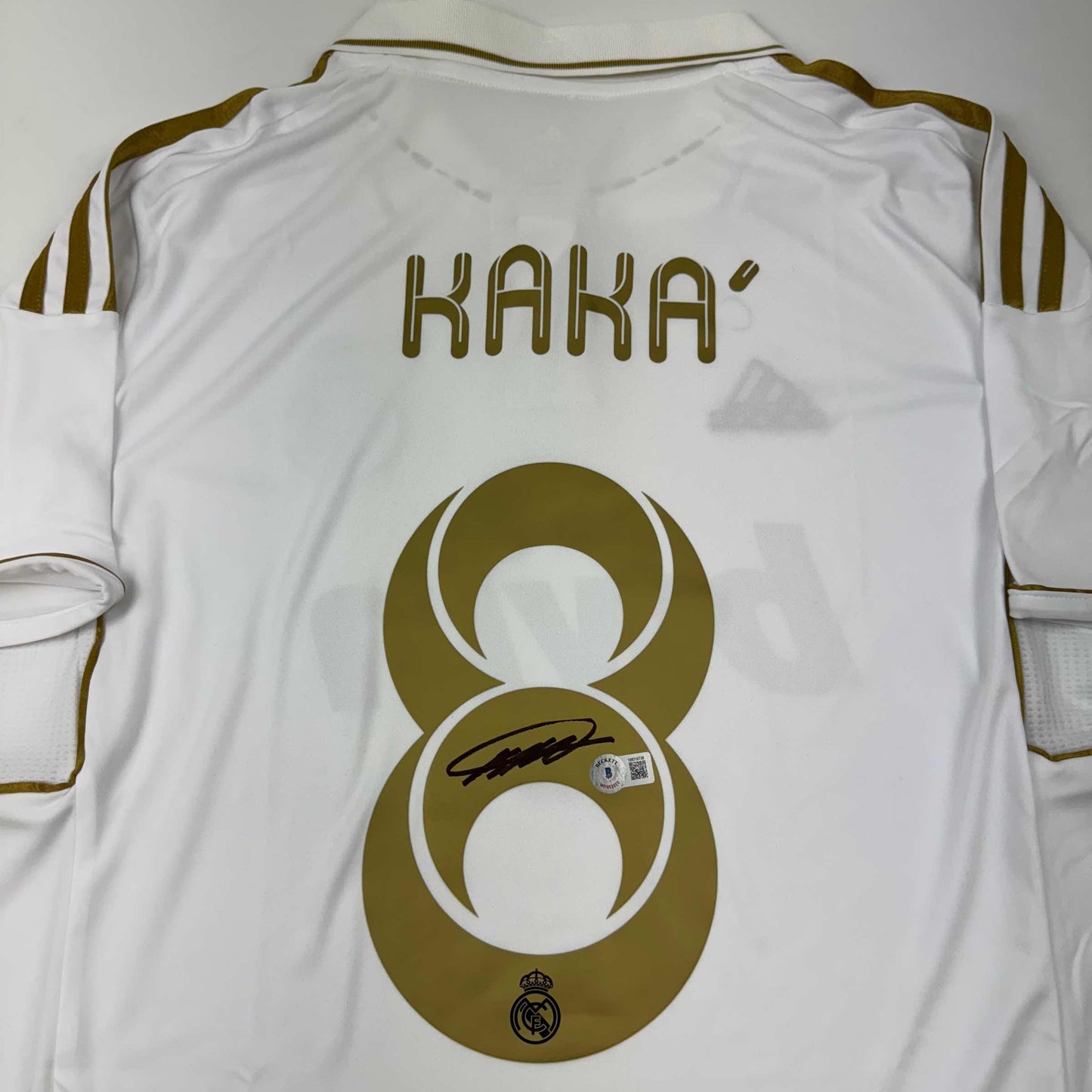 Autographed/Signed Ricardo Kaka Real Madrid White/Gold Retro Soccer Futbol Jersey Beckett BAS COA