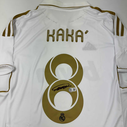 Autographed/Signed Ricardo Kaka Real Madrid White/Gold Retro Soccer Futbol Jersey Beckett BAS COA