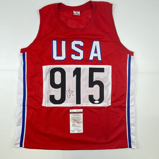 Autographed/Signed Carl Lewis Track Star United States USA Olympics Jersey JSA COA